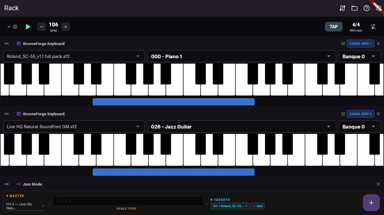 GrooveForge main window: vertical rack of plugin slots, transport bar with BPM and play controls