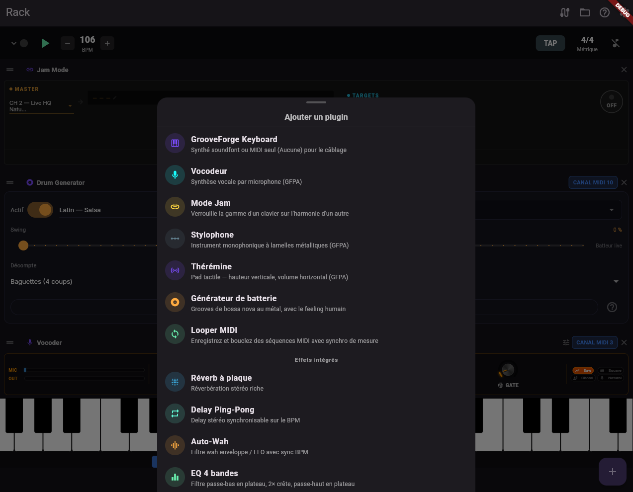 Rack slots showing descriptor-based effect panels with rotary controls