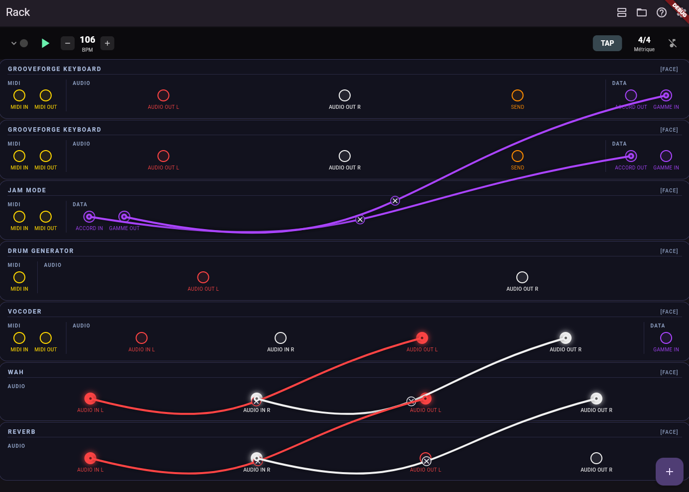 Audio cables between rack slots in patch view