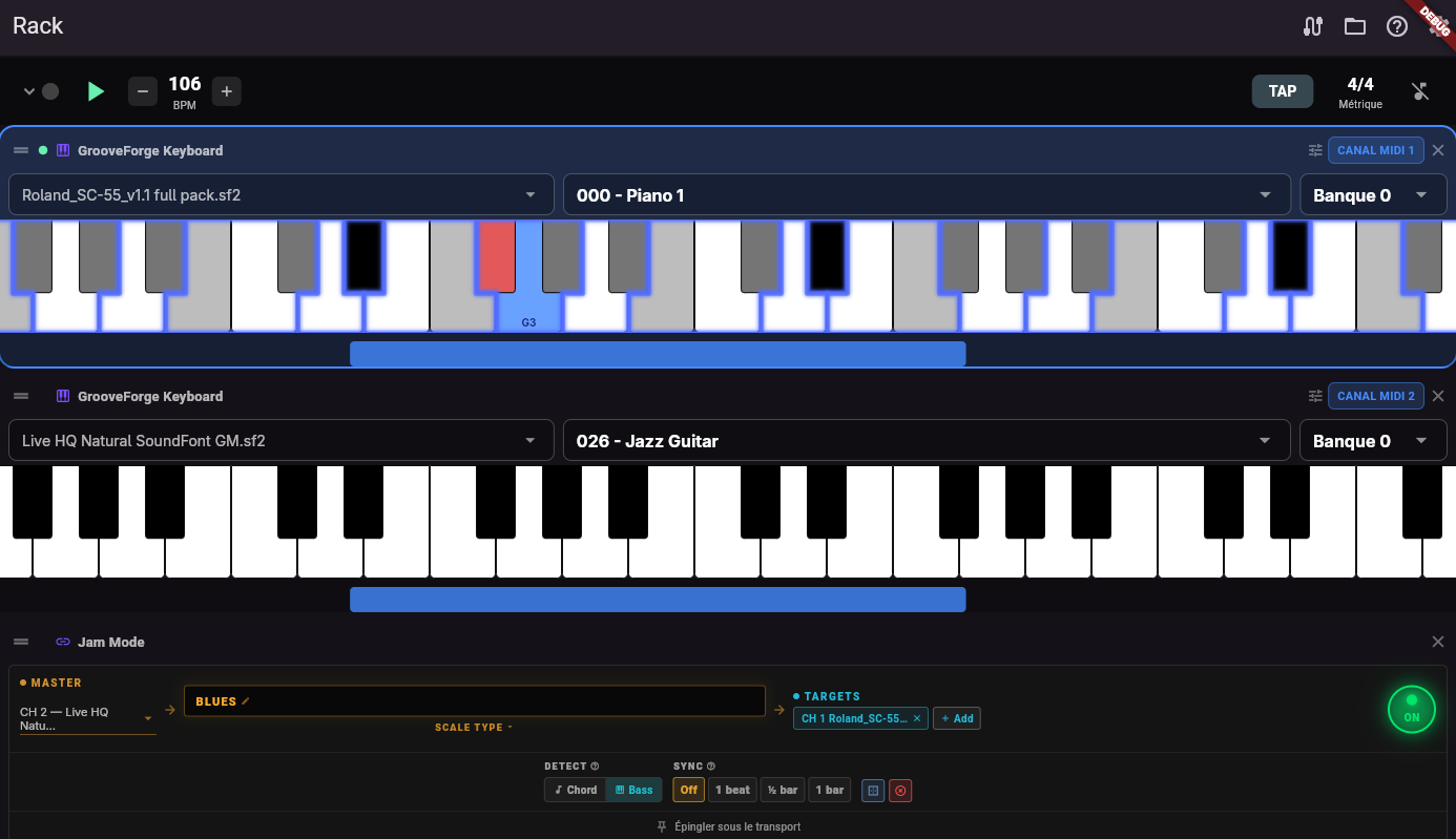 Jam Mode slot showing scale name, type selector, and target routing