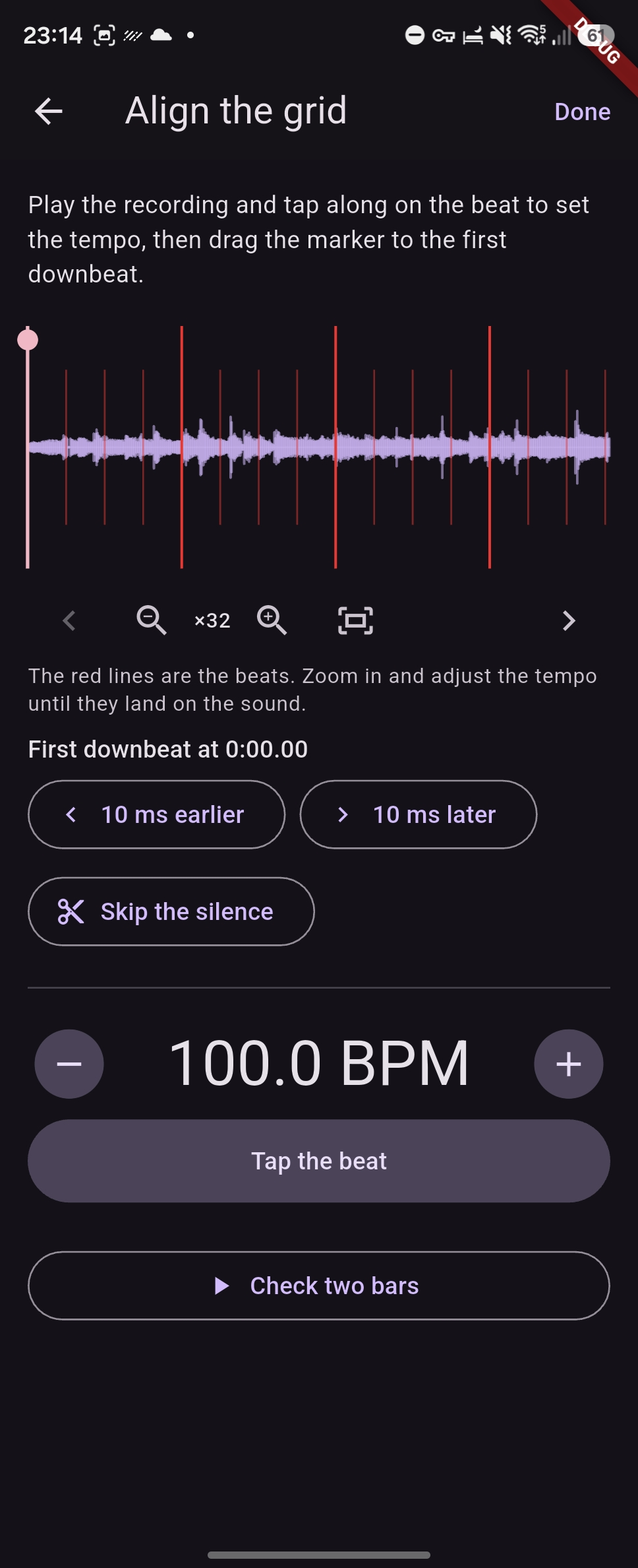 Align the grid: a waveform zoomed to 32 times with red lines on every beat, zoom and scroll controls, a Skip the silence button, and the tempo with fine plus and minus buttons