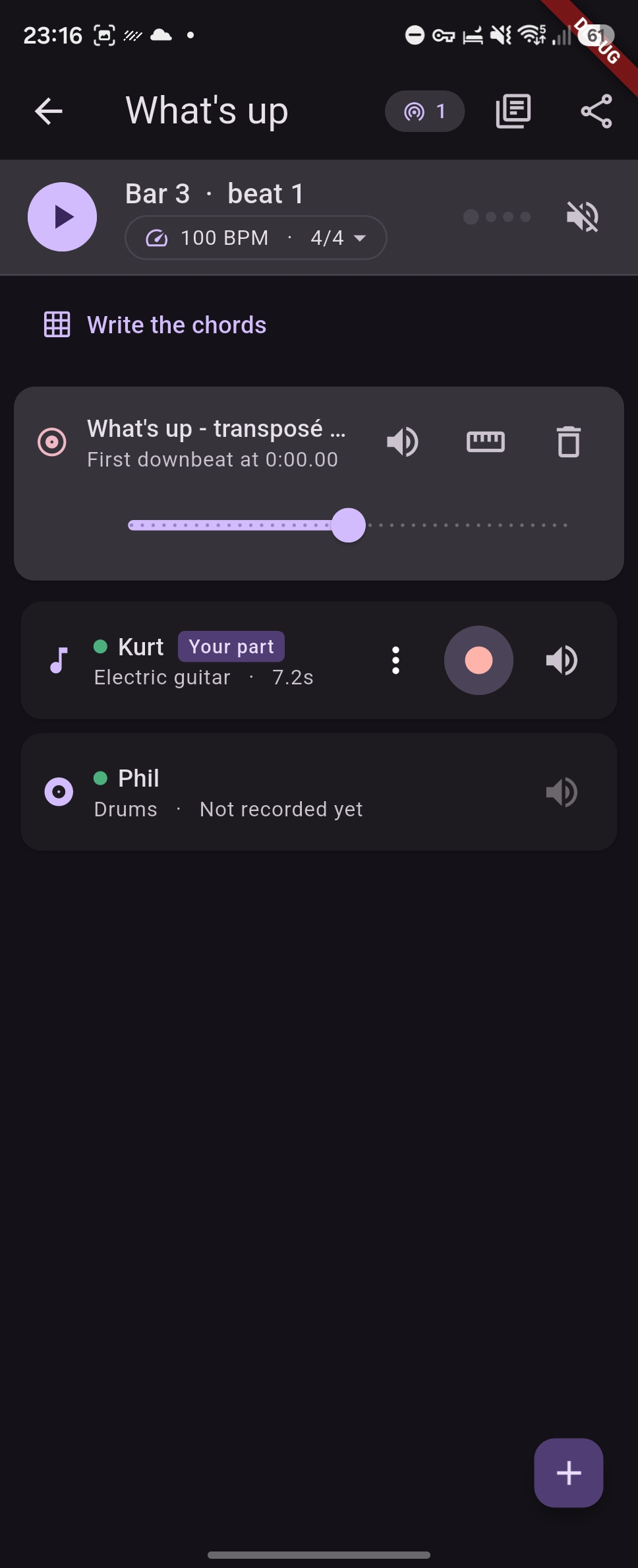 A tune open in the Rehearse tab: chord grid, imported recording, and one lane per player