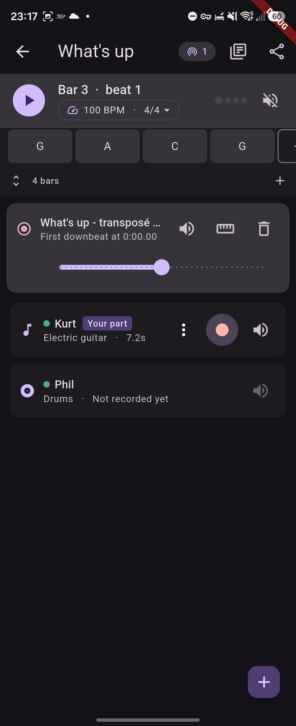 The Rehearsals tab: three tunes, each showing its tempo, time signature and how many parts are recorded, with Join a tune and Start a tune buttons