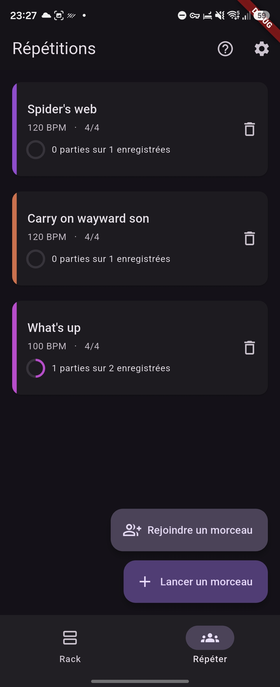 L'onglet Répétitions : trois morceaux, chacun avec son tempo, sa mesure et le nombre de parties enregistrées, et les boutons Rejoindre un morceau et Lancer un morceau