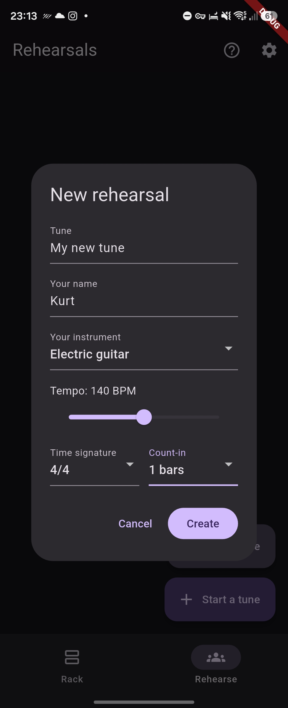 New rehearsal dialog: tune name, your name, your instrument, tempo slider, time signature and count-in