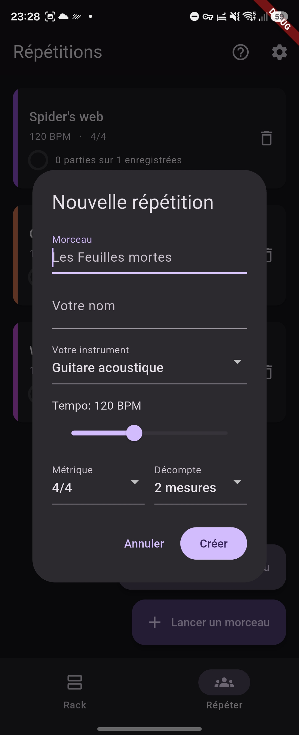 Dialogue Nouvelle répétition : nom du morceau, votre nom, votre instrument, curseur de tempo, mesure et décompte