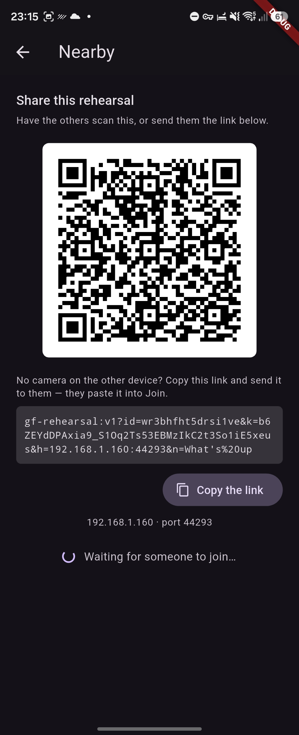 Share this rehearsal: a QR code for the others to scan, the same invitation as a copyable link, the host's address and port, and a spinner waiting for someone to join