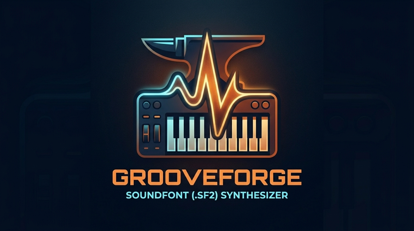 GrooveForge logo: anvil, sound wave, and MIDI keyboard on a dark textured background